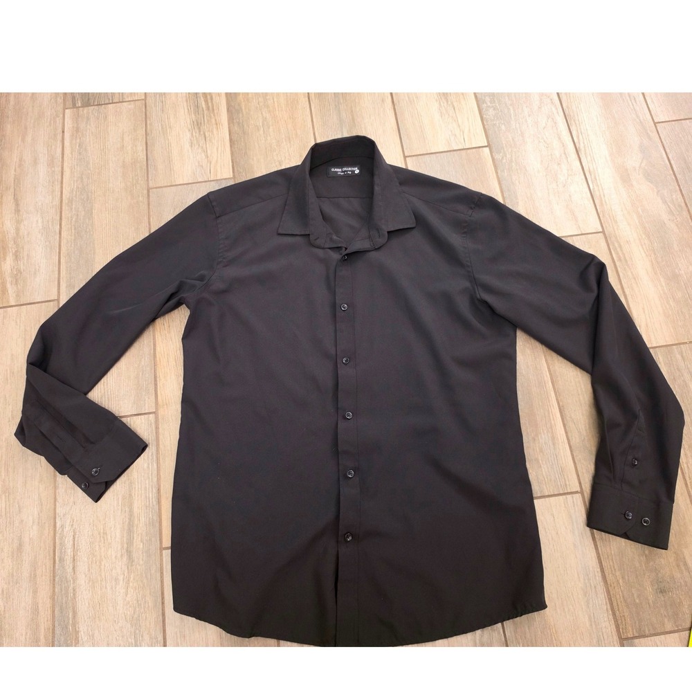 Classic Collection Mens Black Long Sleeve Button Down Dress Shirt Size Medium